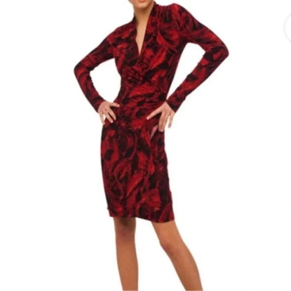 Norma Kamali Faux Wrap Feather Dress Womens L Red Black Long Sleeve Dark Romance
